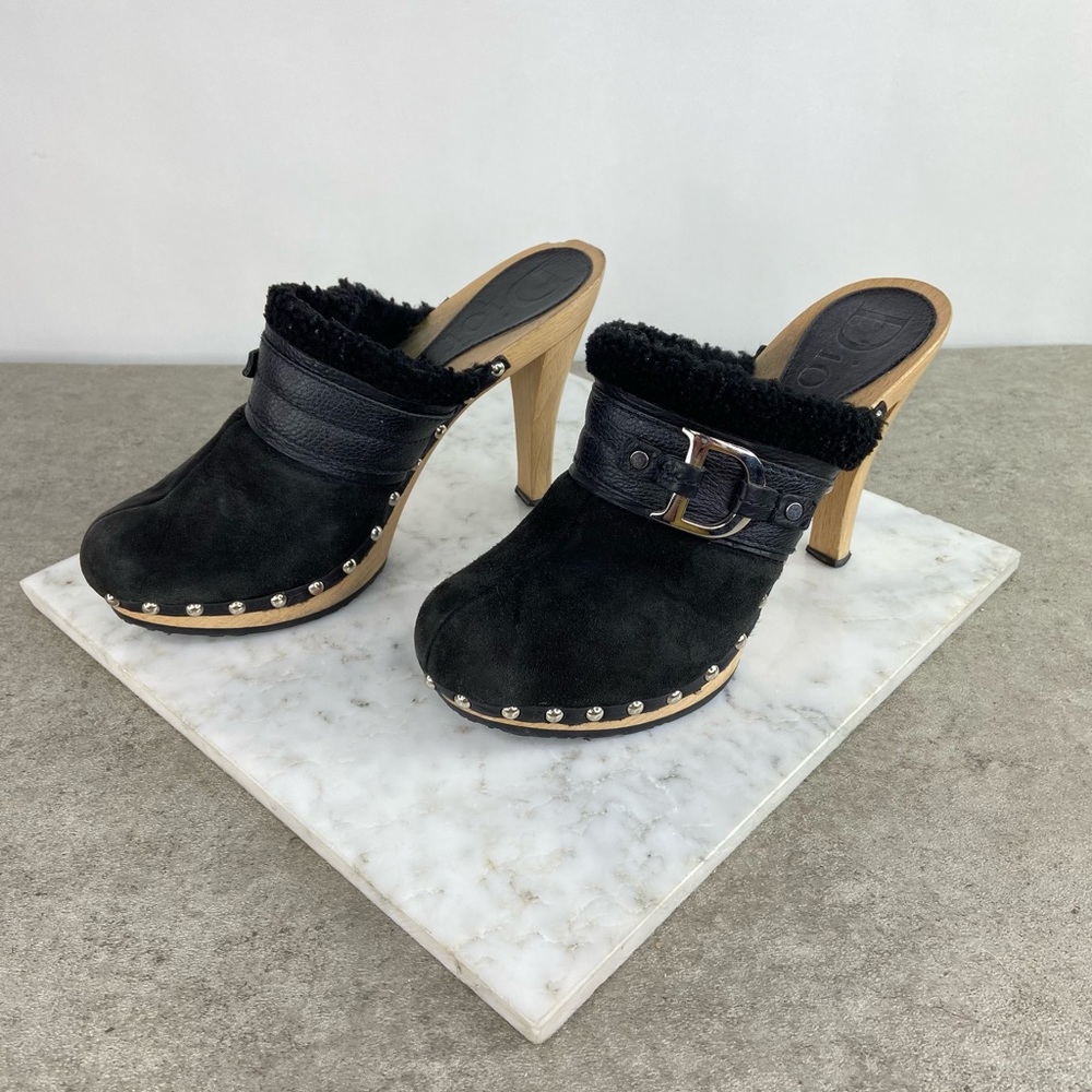 Dior Black Suede Shearling Logo Buckle Clog Heels